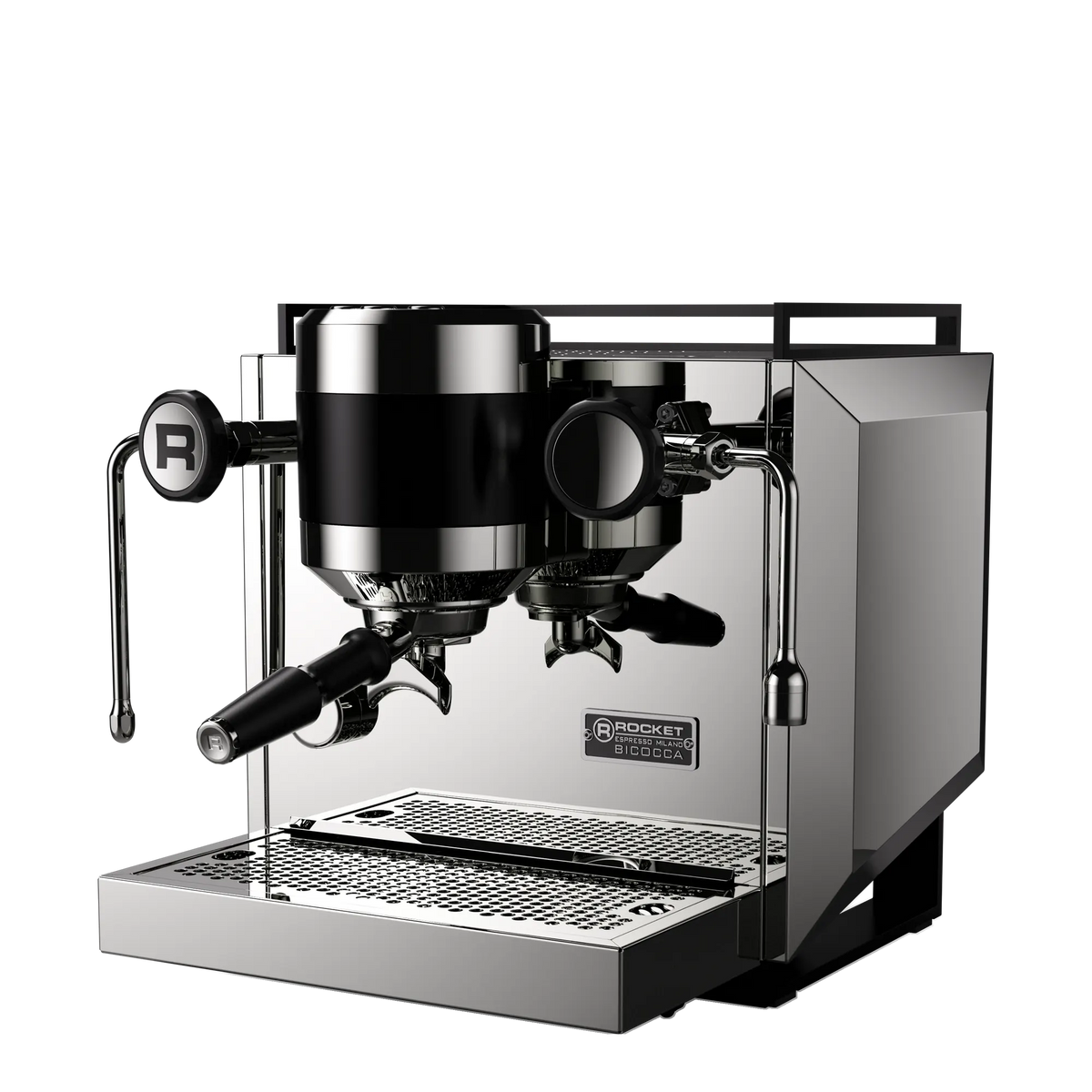 Rocket Espresso Bicocca – machine espresso double chaudière, finition chrome, vue de trois quarts