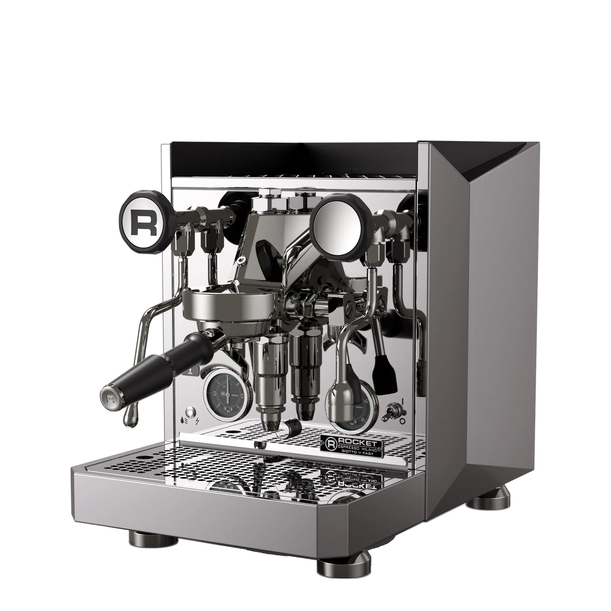Rocket Espresso Giotto Fast V – machine espresso, finition chrome, vue de trois quarts